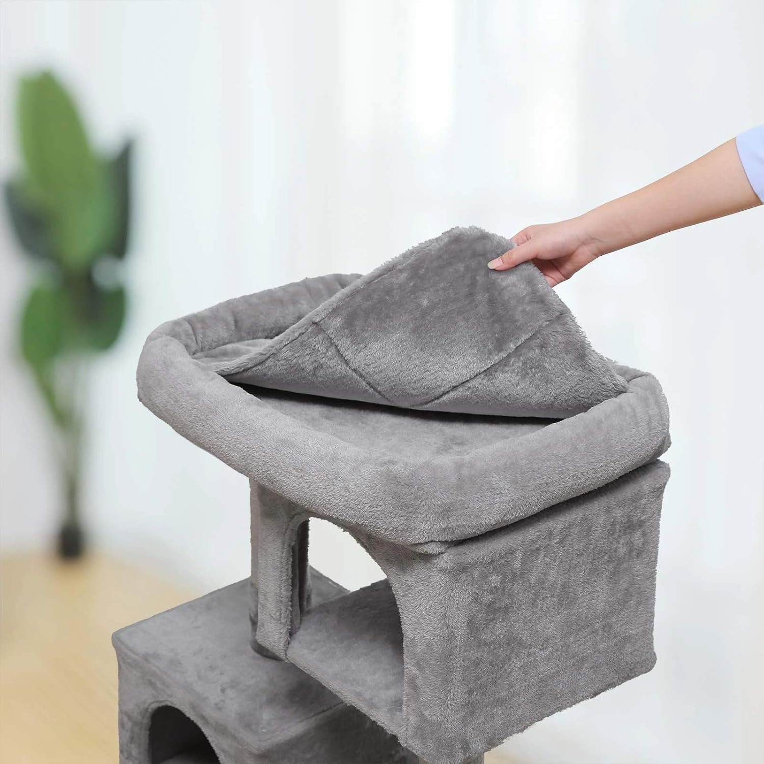 Large Cat Tree Tower, 33.1-Inch Cat Condo for Cats up to 16 lbs, Features 2 Cat Caves, Scratching Post, and Spacious Perch in Light Gray