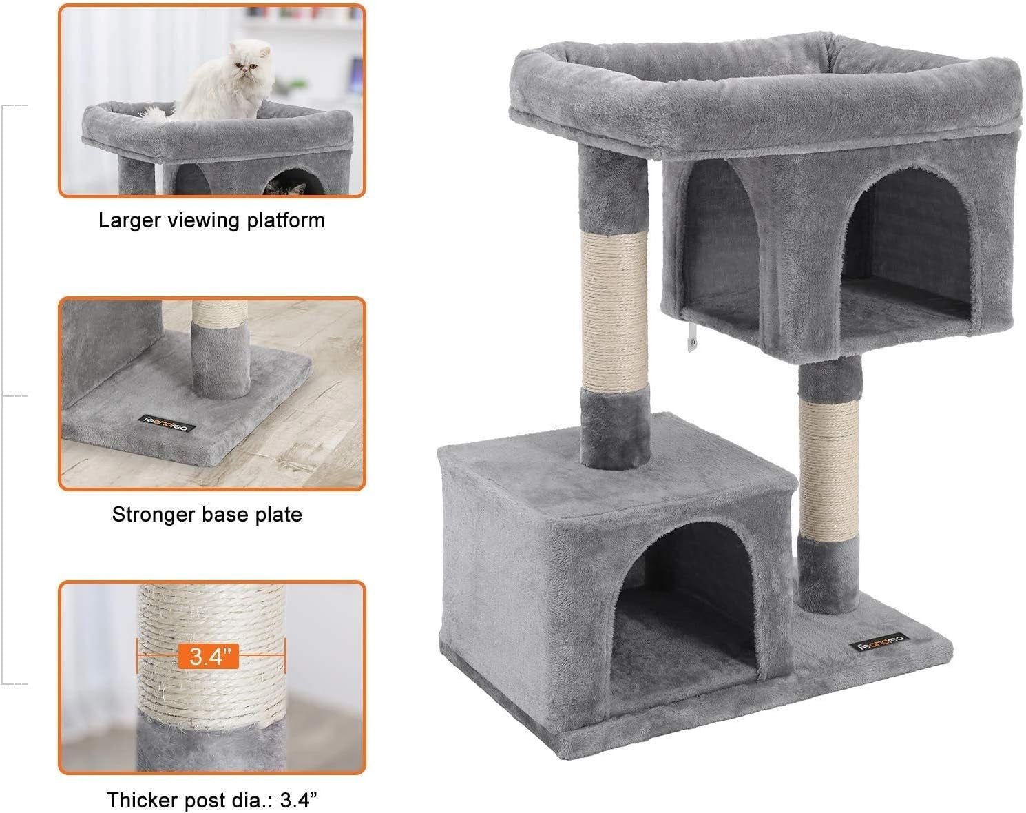 Large Cat Tree Tower, 33.1-Inch Cat Condo for Cats up to 16 lbs, Features 2 Cat Caves, Scratching Post, and Spacious Perch in Light Gray