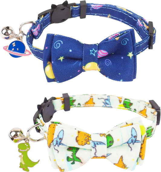 Breakaway Cat Collar Set with Removable Bow Tie and Bell - 2 Pack, Universe Dinosaur Design for Cats (Adjustable 7.5"-10.5")