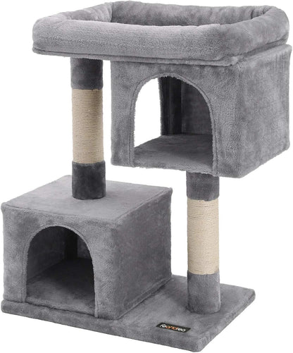 Large Cat Tree Tower, 33.1-Inch Cat Condo for Cats up to 16 lbs, Features 2 Cat Caves, Scratching Post, and Spacious Perch in Light Gray