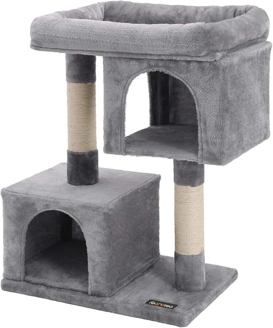 Large Cat Tree Tower, 33.1-Inch Cat Condo for Cats up to 16 lbs, Features 2 Cat Caves, Scratching Post, and Spacious Perch in Light Gray