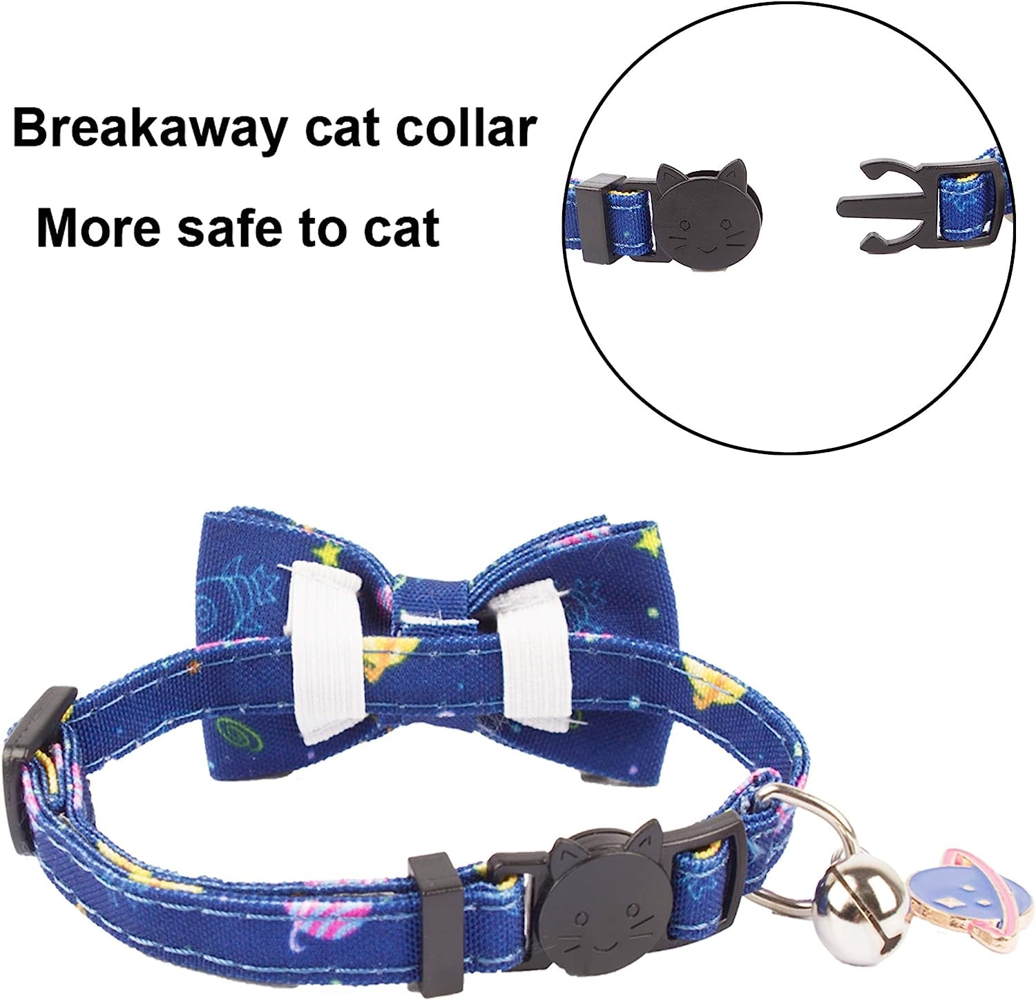 Breakaway Cat Collar Set with Removable Bow Tie and Bell - 2 Pack, Universe Dinosaur Design for Cats (Adjustable 7.5"-10.5")