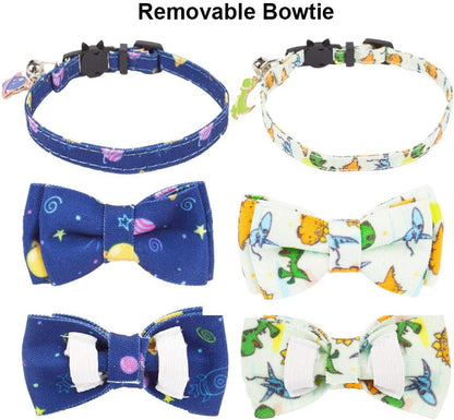 Breakaway Cat Collar Set with Removable Bow Tie and Bell - 2 Pack, Universe Dinosaur Design for Cats (Adjustable 7.5"-10.5")