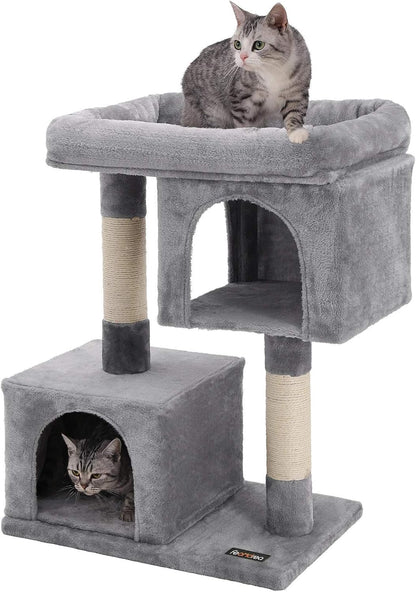 Large Cat Tree Tower, 33.1-Inch Cat Condo for Cats up to 16 lbs, Features 2 Cat Caves, Scratching Post, and Spacious Perch in Light Gray