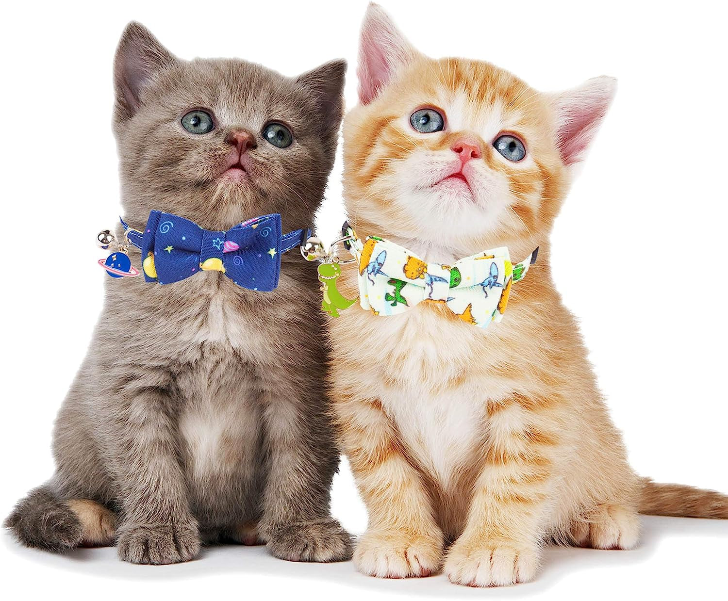 Breakaway Cat Collar Set with Removable Bow Tie and Bell - 2 Pack, Universe Dinosaur Design for Cats (Adjustable 7.5"-10.5")